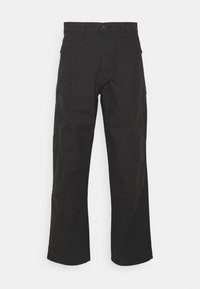 Černé cargo kalhoty z odolné bavlny, s rovnými nohavicemi, bočními kapsami a zesílenými záplatami na kolenou.