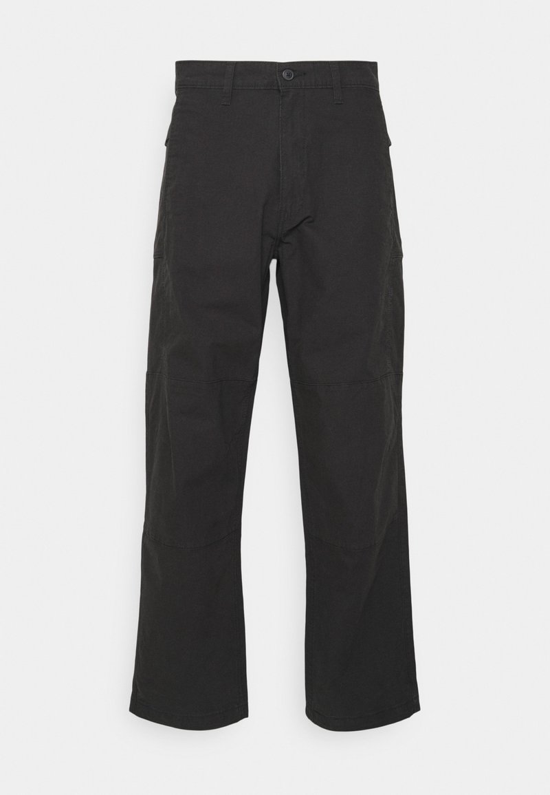 Černé cargo kalhoty z odolné bavlny, s rovnými nohavicemi, bočními kapsami a zesílenými záplatami na kolenou.