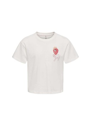 T-shirt court blanc à manches courtes avec un petit motif fraise rouge comportant des yeux et un visage souriant sur le côté gauche de la poitrine.