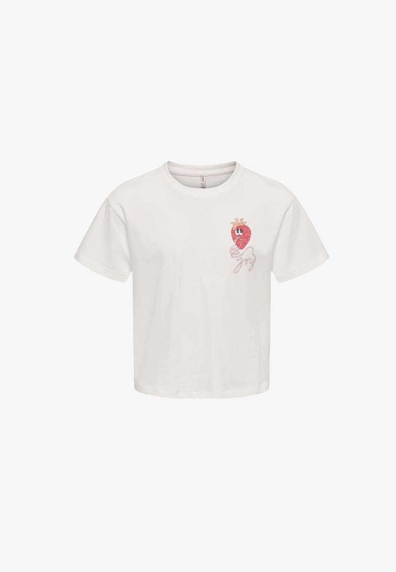 T-shirt court blanc à manches courtes avec un petit motif fraise rouge comportant des yeux et un visage souriant sur le côté gauche de la poitrine.