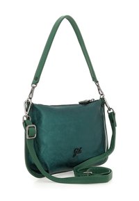 Borsa a tracolla in pelle verde scuro con hardware argentato, chiusura con zip, tracolla regolabile e piccolo logo nero sul lato anteriore.