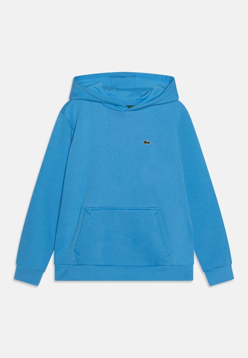 Hoodie bleu à manches longues avec poche frontale et petit logo de crocodile vert sur la poitrine gauche, présenté sur un fond blanc.