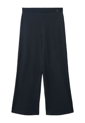 Pantaloni a gamba larga a coste in maglina blu navy con vita elasticizzata e piccolo bottone rotondo decorativo in vita.