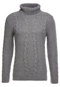 Pull gris à col roulé en tricot avec des motifs torsadés sur le devant et un tricot texturé sur les manches et les côtés.