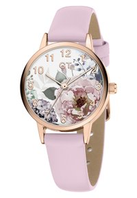 Roze gouden horloge met een witte bloemenpatroon wijzerplaat. Lichtpaarse leren band. Duidelijke uurmarkeringen en een datumaanduiding aan de zijkant.