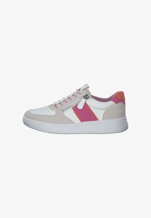 Sneakers with a white leather upper, beige suede accents, pink and orange side panels, and a decorative zipper. Rubber sole, lace-up design.