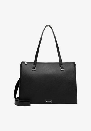 Zwarte tote bag van textuur synthetisch materiaal, met twee lange handvatten, een ritsluiting en een zilveren logo-accent.