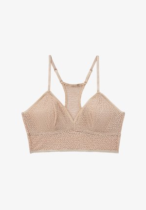Bralette beige en dentelle avec bretelles ajustables et dos nageur, présentant un motif floral délicat et doux, sans fermetures visibles.
