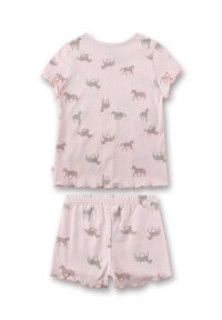 Light pink cotton pajama set with short-sleeve top and shorts, featuring a repeated horse print in gray and pink. Soft and lightweight fabric.