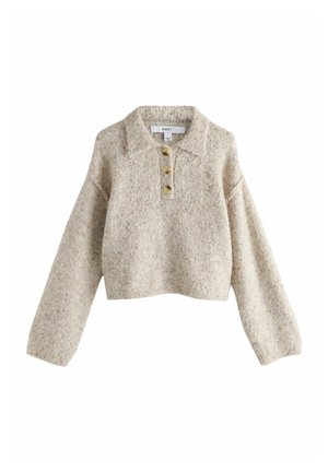 Pulover scurt din tricot bej, cu guler, mâneci lungi și trei butoane mari maro pe placket-ul din față.