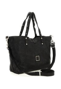Borsa tote in pelle nera con doppie maniglie, dettagli con borchie argentate e tracolla removibile. Superficie strutturata con decorazione quadrata.