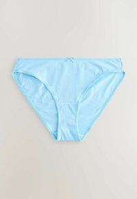 Culotte femme style bikini en coton bleu clair avec un petit nœud sur la ceinture, posée à plat sur une surface neutre.