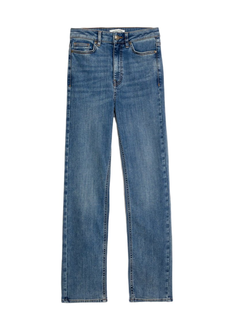 Mellanblå raka jeans i denim med fram- och bakfickor, knappstängning och subtila slitna detaljer.