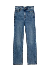 Jeans de denim azul para hombre con corte recto, diseño de cinco bolsillos, cierre de botón y un lavado deslavado. El material tiene una textura suave.