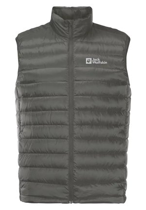 Ciemnoszara pikowana kamizelka bez rękawów z zamkiem z przodu i logo "Jack Wolfskin" na lewej piersi.