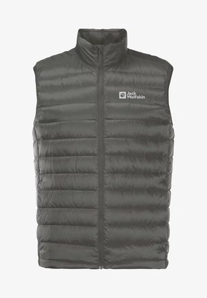 Veste sans manches matelassée gris foncé avec fermeture éclair à l'avant et logo "Jack Wolfskin" sur la poitrine gauche.