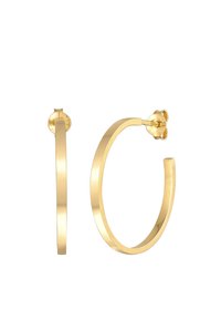 Orecchini a cerchio in oro con una finitura liscia e lucida. Presentano una forma circolare e una chiusura a perno, con un design minimalista.