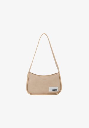 Beige synthetic shoulder bag with a curved design, smooth texture, and a prominent logo patch. Features a single, slim strap.