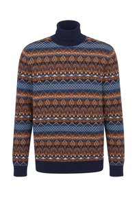 Strickturtleneck-Pullover mit einem mehrfarbigen geometrischen Muster in Braun-, Blau- und Cremetönen, mit gerippten Bündchen und Saum.