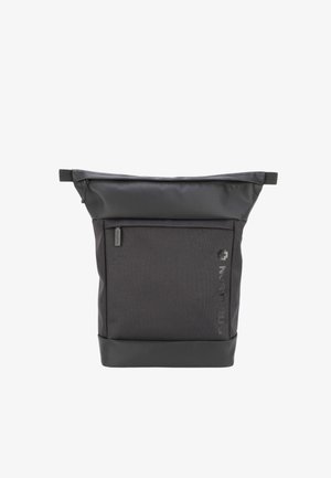 Zaino a rotolo nero realizzato in tessuto resistente con una base liscia e lucida, dotato di tasca frontale e zip laterale per un facile accesso.