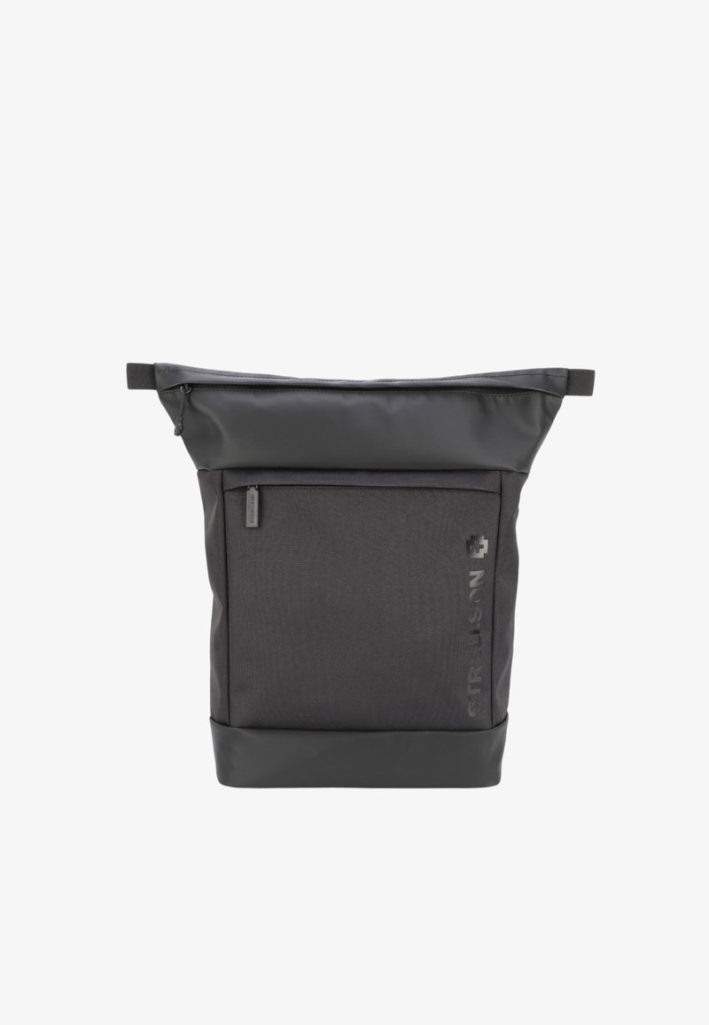 Zaino a rotolo nero realizzato in tessuto resistente con una base liscia e lucida, dotato di tasca frontale e zip laterale per un facile accesso.