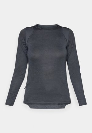Camisa atlética de manga longa em tecido cinza escuro com um design texturizado, decote redondo e fendas laterais para maior liberdade de movimento.