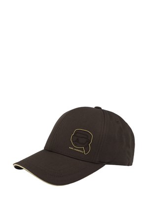 Cappellino da baseball nero con logo stilizzato di un volto che indossa occhiali da sole, contornato in oro, e la scritta "Karl Lagerfeld" sul pannello anteriore.