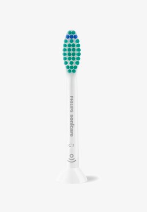 Philips Sonicare elektrische tandenborstelkop, met een witte handgreep, groene borstels en blauwe stipaccenten, ontworpen voor effectieve reiniging.