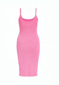 Dopasowana, bezrękawna sukienka z jasnoróżowej, prążkowanej dzianiny. Gładka tekstura, sukienka o średniej długości z okrągłym dekoltem i cienkimi ramiączkami.