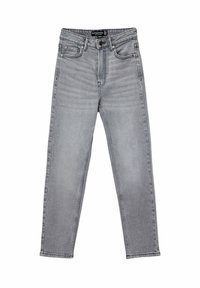 Jeans de mezclilla gris con corte recto, que cuentan con cinco bolsillos, un cierre de botón y cremallera, y un sutil desgastado en la tela.