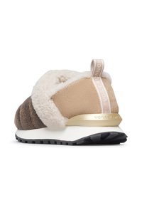 Tan and brown suede sneaker with a fluffy white collar, gold accent at the heel, and textured black rubber sole. Subtle branding on the tab.
