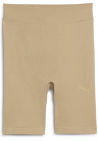 Beige žebrované kraťasy s přiléhavým střihem, s nízkým pasem a malým žlutým logem Puma na levé straně.