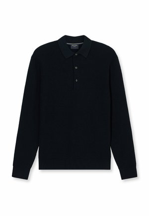 Dunkelblaues Strick-Polohemd mit langen Ärmeln, das über einen flachen Kragen, eine Knopfleiste mit drei Knöpfen und gerippte Bündchen mit strukturiertem Finish verfügt.