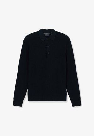 Dunkelblaues Strick-Polohemd mit langen Ärmeln, das über einen flachen Kragen, eine Knopfleiste mit drei Knöpfen und gerippte Bündchen mit strukturiertem Finish verfügt.