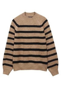 Pull marron avec des rayures horizontales noires, fabriqué en matière douce, avec un col arrondi et des bords côtelés aux poignets et à l'ourlet.