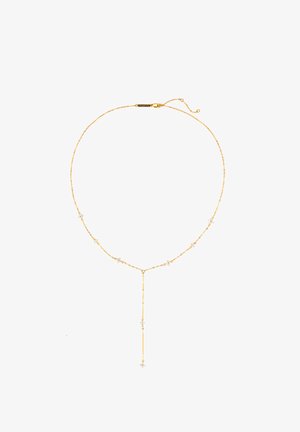 Goldene Kettenhalskette mit kleinen klaren Edelsteinen, die ein Y-förmiges Tropfendesign aufweist. Glatte Textur, zarte Glieder und ein verstellbarer Verschluss.