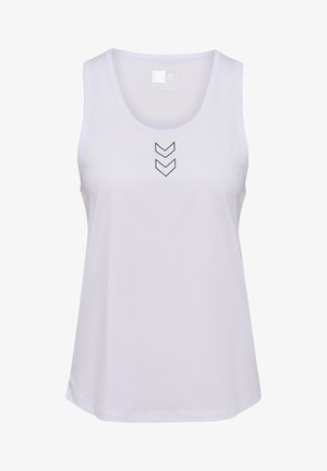 Weißes ärmelloses Tanktop aus glattem Material, mit drei schwarzen Chevron-Mustern auf der Vorderseite, runder Ausschnitt und genähtem Saum.