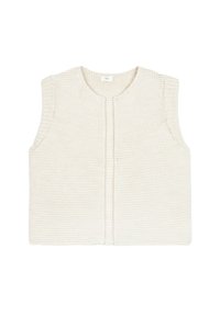 Gilet sans manches en maille de couleur crème, avec un col rond et une fermeture frontale. Tissu texturé avec une coupe ample et carrée.