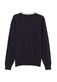 Pull bleu marine à col rond avec manches longues et poignets et ourlet côtelés, présenté sur fond blanc.