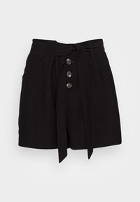 Black high-waisted shorts in a soft fabric, featuring front pleats, a tied waistband, and five front buttons as fasteners.