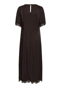 Robe midi noire à manches courtes, dos échancré en forme de trou de serrure et bordure en dentelle aux manches et à l'ourlet.