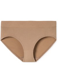 Beige katoenen slip met een naadloos ontwerp, elastische tailleband en een zachte textuur. Heeft een taillehoogte van gemiddelde hoogte en geen zichtbare stiksels.