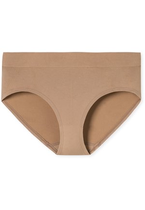 Culotte en coton beige avec un design sans couture, une taille élastique et une texture lisse. Présente une coupe taille moyenne et aucune couture visible.