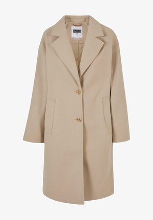 Beige wool blend coat with a notched collar, two buttons, side pockets, and a loose fit. Features a smooth, textured finish.