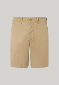 Bermudas caqui de algodón, con cierre de botón, dos bolsillos delanteros y corte recto con bordes rematados.