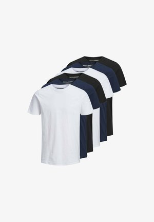 Packung mit sechs einfarbigen T-Shirts mit Rundhalsausschnitt, angeordnet in abwechselnden Farben Weiß, Marineblau und Schwarz.