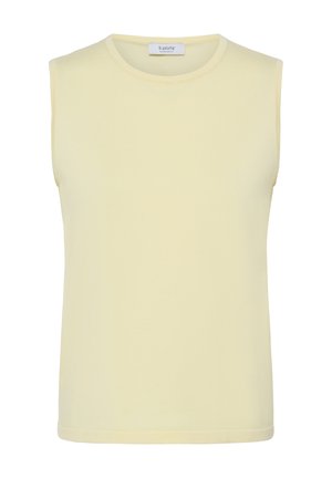 Rankovių šviesiai geltonos spalvos megztinis be rankovių, su apvaliu kaklu ir aptempta siluetu.