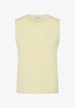 Rankovių šviesiai geltonos spalvos megztinis be rankovių, su apvaliu kaklu ir aptempta siluetu.