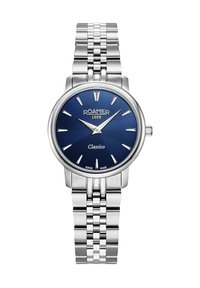 Reloj de acero inoxidable plateado con un dial azul. Presenta una caja redonda, marcadores de hora plateados y una pulsera metálica con un diseño de eslabones.