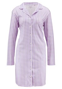 Lila en witte geruite pyjamashirt, lange mouwen, knoopsluiting aan de voorkant, met een klassieke kraag en contrasterende piping.